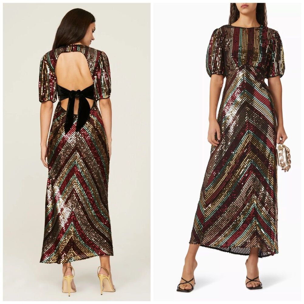 RIXO Daisy Velvet Trimmed Sequin Crepe Midi Maxi Dress S